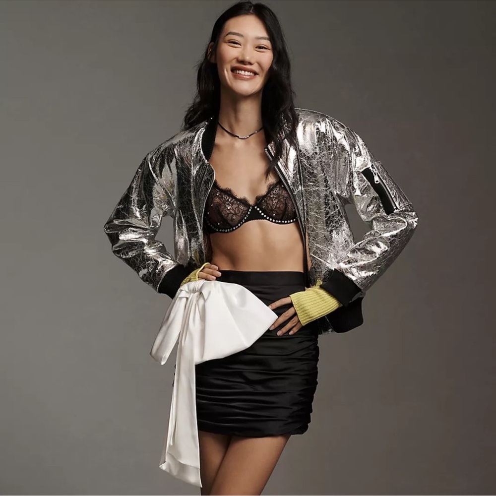 Anthropologie Hutch Satin Bow Ruched Mini Skirt Black Size 4